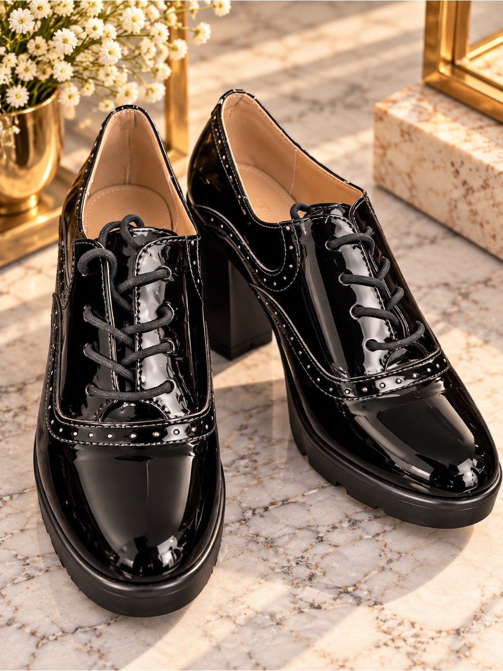 DADAWEN Women's Black Patent Lace-Up Block Heel Oxfords EU 42